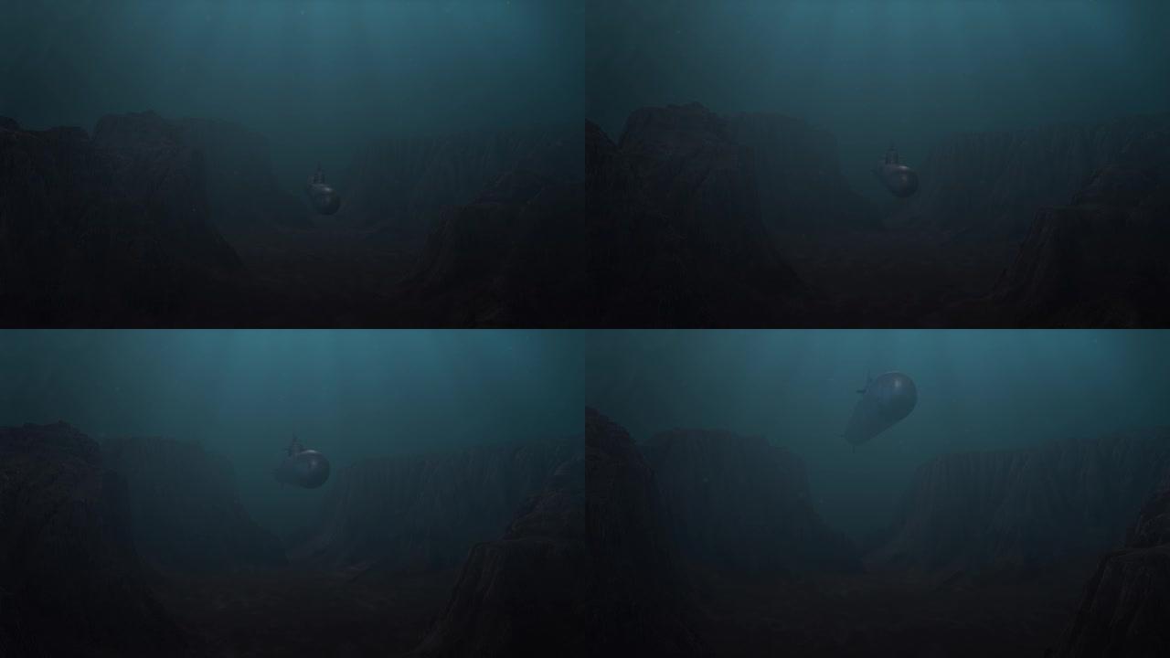从水下峡谷上升的潜艇