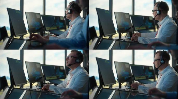 戴着耳机的男性空中交通管制员在机场塔楼通话。办公室里满是台式电脑显示屏，配有导航屏幕，飞机飞行雷达数