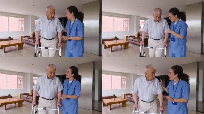 开朗的护士在家里与移动助行器一起散步的老人愉快地交谈