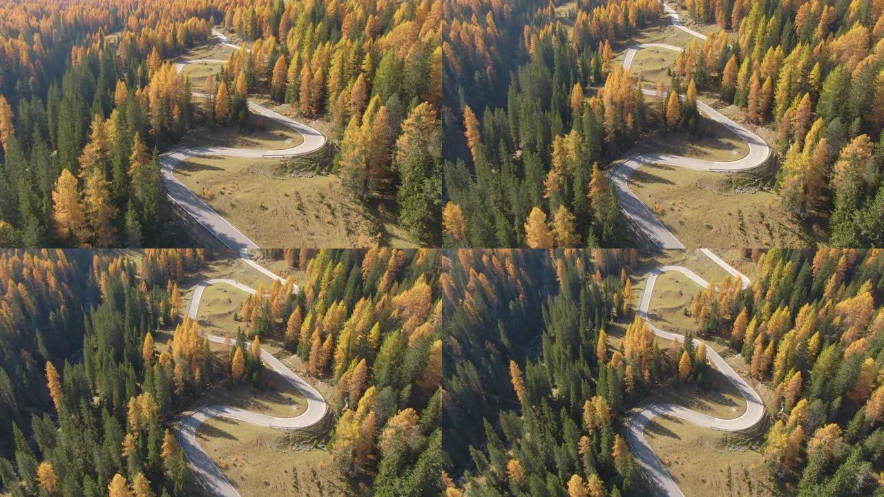 在蜿蜒的山路上方进行空中飞行，带领摩托车骑手穿越森林
