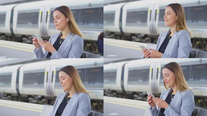 在带有无线耳塞的火车平台上等待的女商人在手机上听音乐