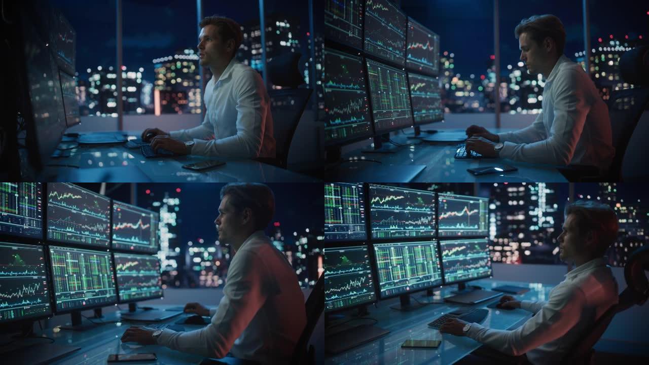 金融分析师在计算机上工作，该计算机具有实时股票，商品和外汇图表的多显示器工作站。商人在傍晚在投资银行