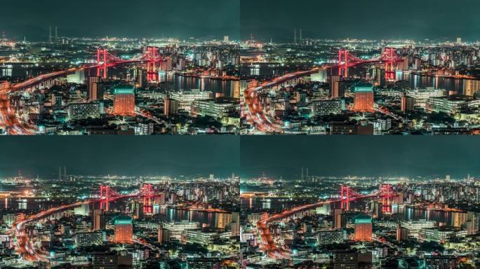 北九州福冈的延时夜景城市景观瓦卡托桥