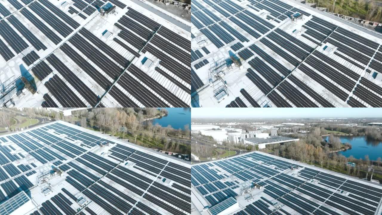 工业厂房屋顶上的太阳能鸟瞰图