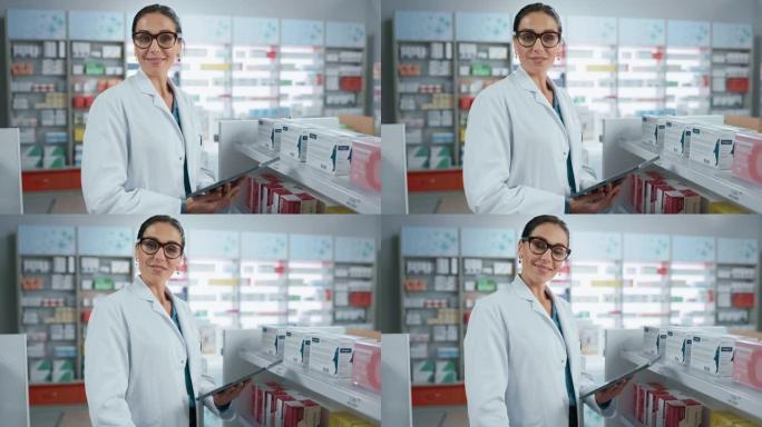 药房: 专业美丽的高加索女药剂师的肖像使用数字平板电脑，检查药品库存，看着相机，迷人的微笑。药店保健