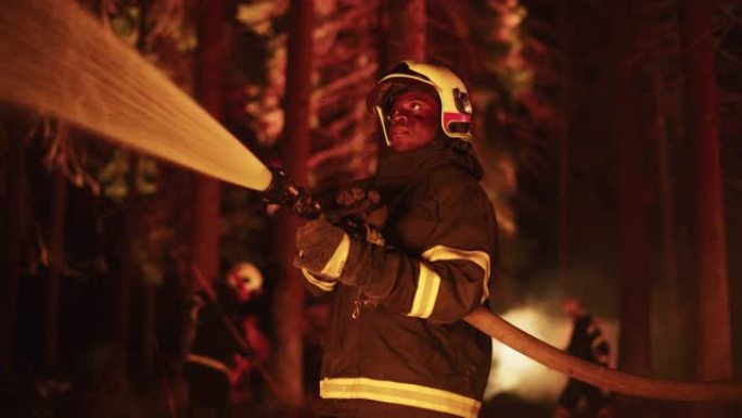 一位英俊的非洲裔美国消防员的肖像在消防水带的帮助下有条不紊地扑灭了森林大火。消防员大队从无法控制的纵
