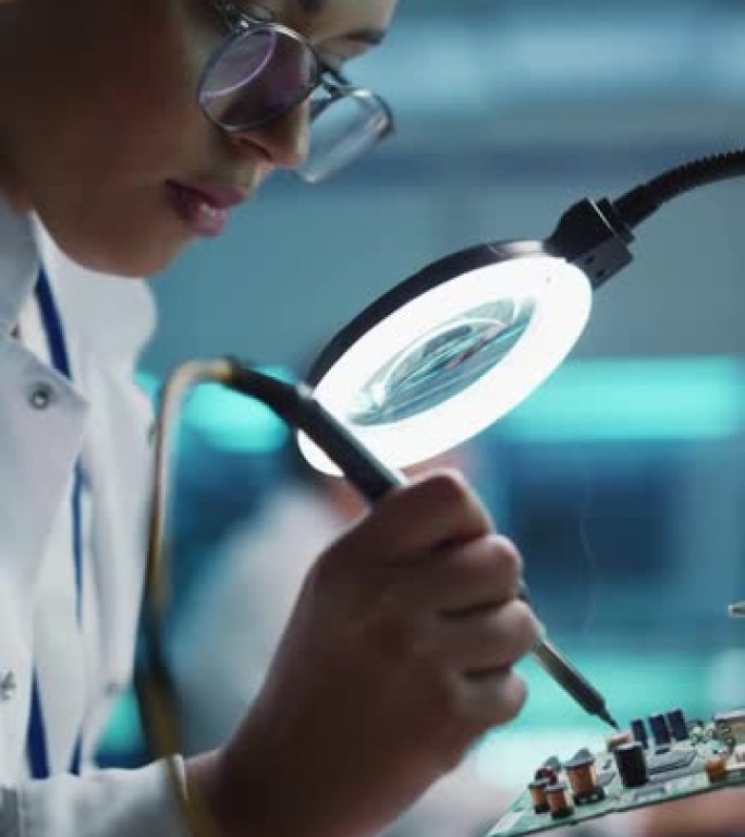 垂直屏幕视频。现代电子研究、开发设施: 黑人女工程师做电脑主板焊接。科学家设计主板
