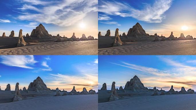 沙漠中一座奇怪的石山在日落的灯光下是奇妙的