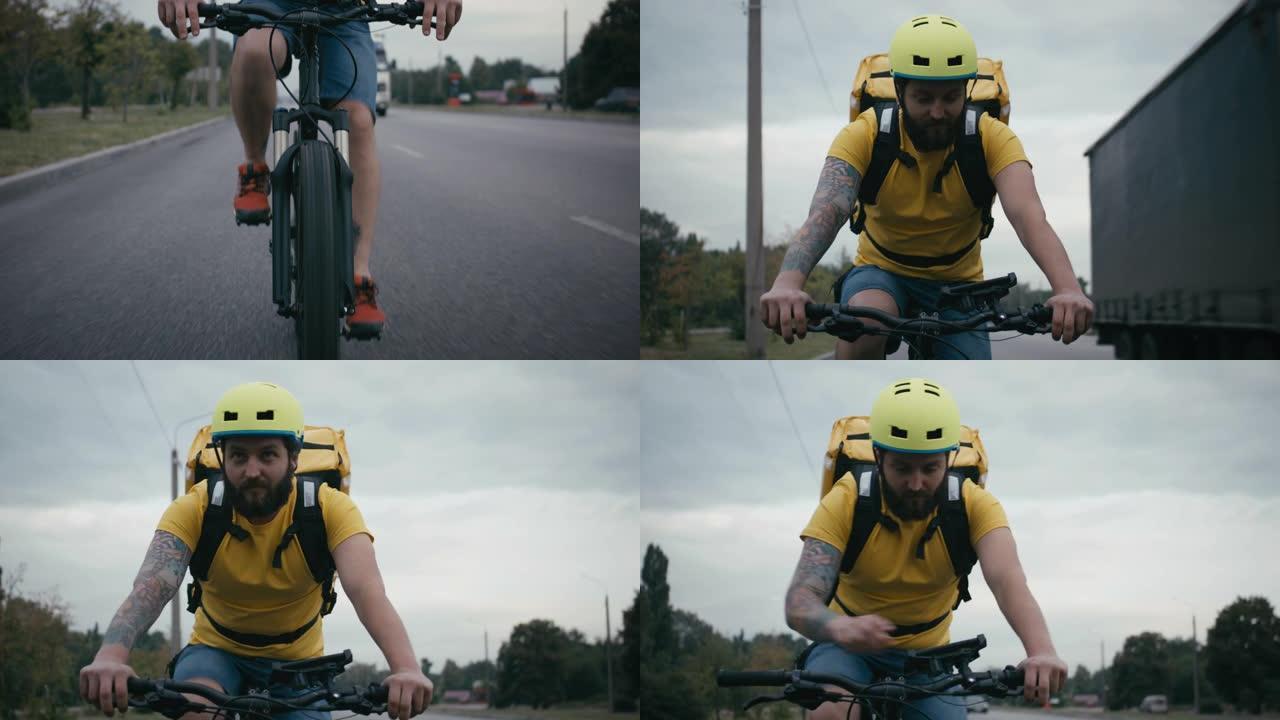 自行车信使在公路上骑自行车
