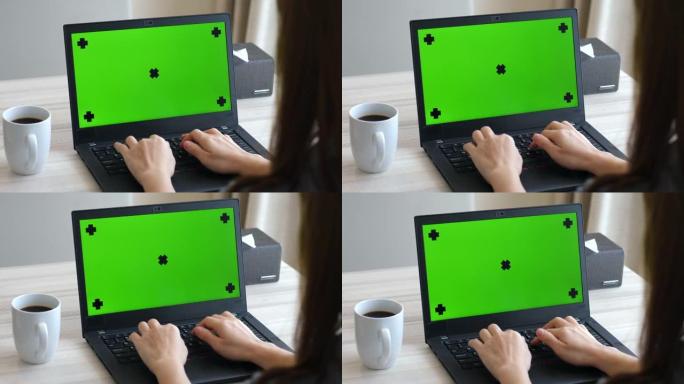 女人使用带有绿色模拟屏幕的笔记本电脑