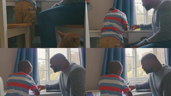 4k视频片段，一个英俊的成熟男人在卧室里帮助儿子做作业