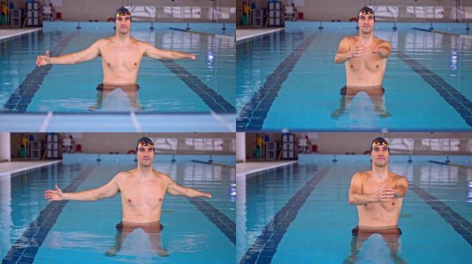 残疾截肢游泳者手臂在室内游泳池内伸展