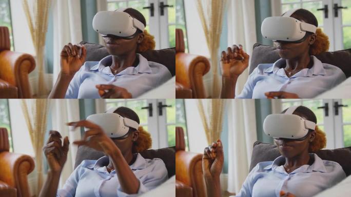 女人在家躺在沙发上放松戴着VR耳机，与AR技术互动