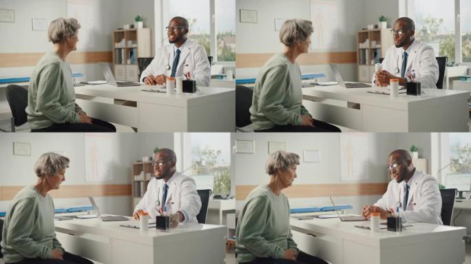 非裔美国家庭医生正在开药物给资深女性病人，并与她在一个健康诊所咨询。坐在医院办公室桌子后面的医生。
