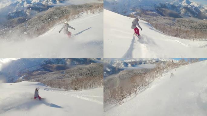 慢动作: 朱利安阿尔卑斯山偏远地区的极端女骑手滑雪板。