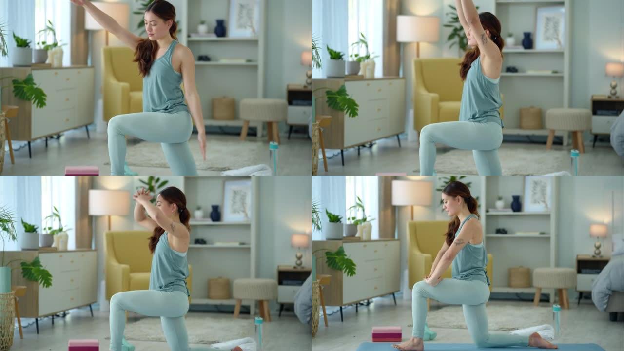 女人，瑜伽和伸展运动以健身，健康的精神禅宗运动以在家中获得心理健康。女性在垫子上平静、放松和平静地锻