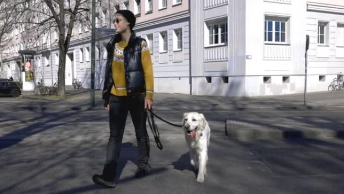 女人带着她的宠物狗穿过街道