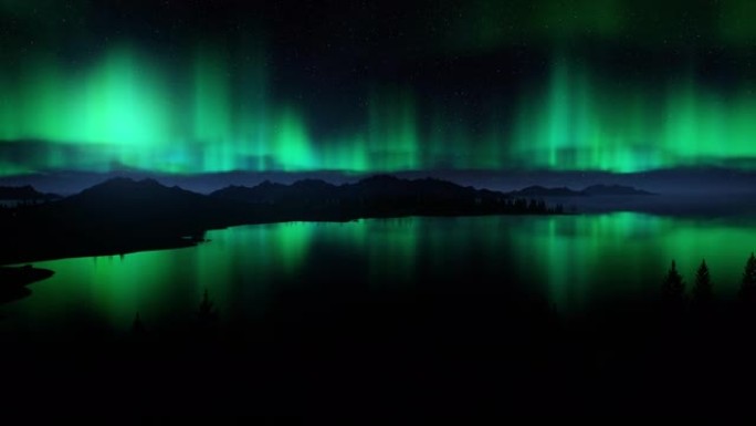 北极光在海上。挪威罗弗滕群岛的北极光。极光的星空。极光的夜景，水模糊的大海和天空的倒影，沙滩。