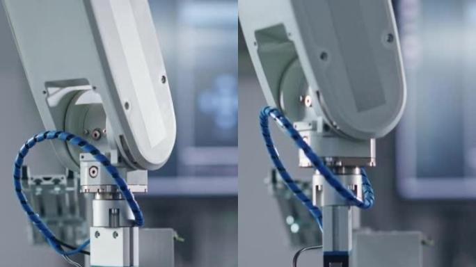 建立镜头视觉: 在工业4.0现代工厂的不同侧面编程机器人手臂。空房间的生产线机器。没有人，特写。自动