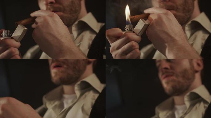 一名男子穿着衬衫和牙套点燃的雪茄的特写镜头