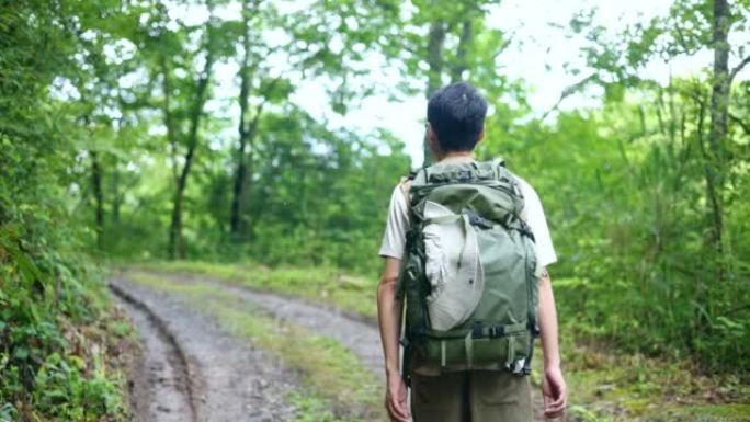 在林道行走的男子的后视图