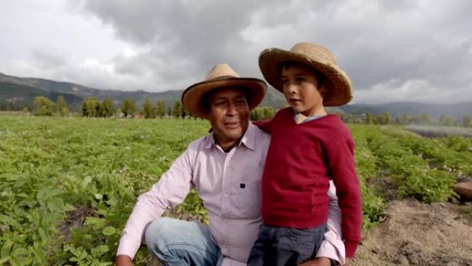 拉丁美洲的农民教他的儿子如何收割土地并指着田野