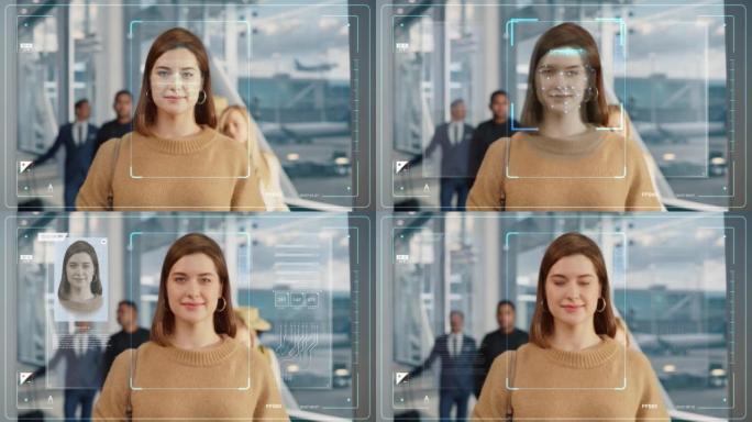 高加索女性通过国际机场的身份识别扫描仪通过自动护照边境管制进行。显示生物识别面部识别扫描过程的镜头。