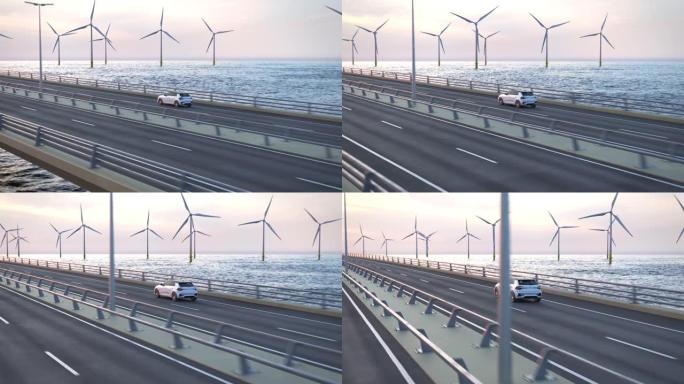 沿着桥梁行驶的通用电动汽车的鸟瞰图，后部装有风力涡轮机