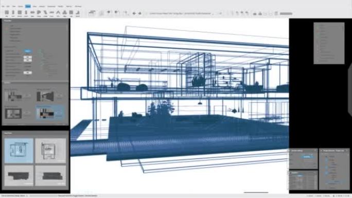 带有室内设计的私人乡间别墅项目的建筑3D软件模拟动画。计算机显示器和笔记本电脑屏幕的灰色概述界面模板