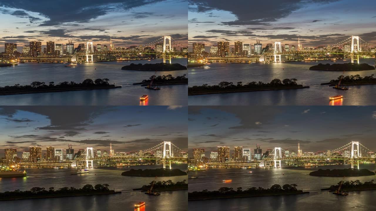 4K UHD日夜延时: 鸟瞰图彩虹桥与东京塔和日本东京市中心城市景观。