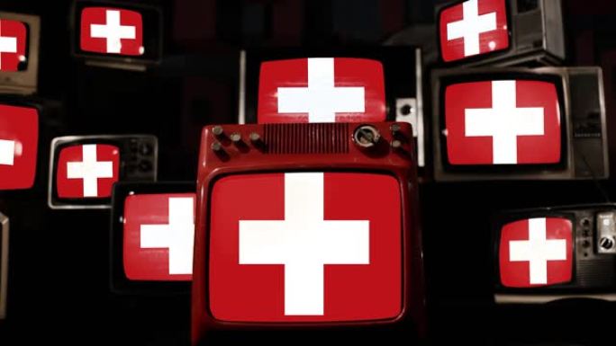 瑞士国旗和老式电视。4k分辨率。