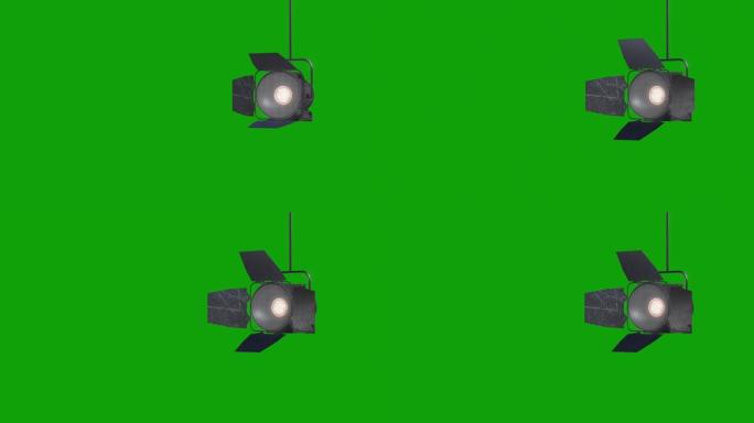 绿色屏幕上带有反射器动画的专业舞台灯，照明设备的设计元素，带有镜头耀斑的移动和转向工作室电影聚光灯投