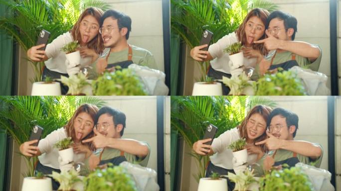 亚洲幸福的夫妇在家里的小花园里消磨时间和乐趣