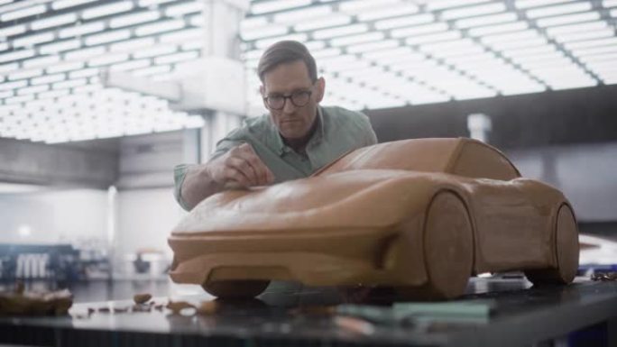 一位英俊的汽车设计师的肖像，开发了一辆新量产车的3D粘土模型。专业成年男子使用刮刀使原型概念车的边缘
