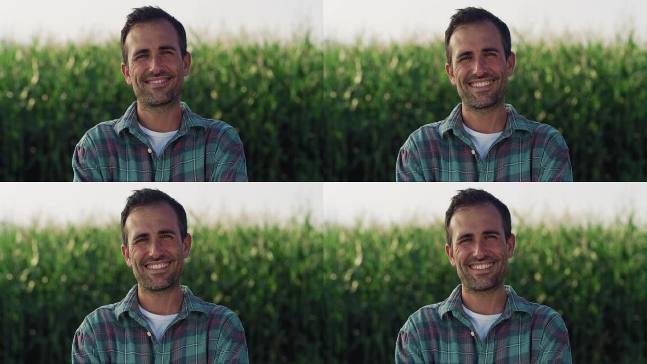 一个快乐的人的肖像在一片充满玉米作物的绿色田野里摆姿势，微笑着。英俊的中年男性农民看着镜头，享受着他
