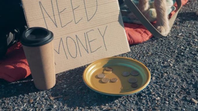钱被扔进了一个无家可归的人的盘子里