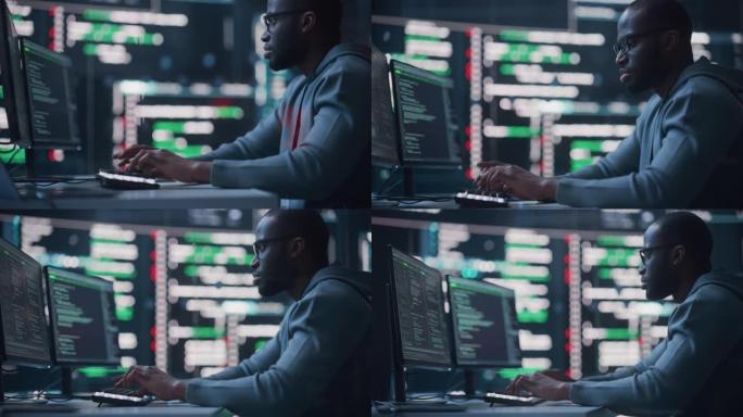 多莉拍摄了一名在监控控制室工作的黑人男性程序员的照片，周围是大屏幕，显示着编程语言代码行。一个创建软