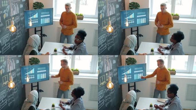 有抱负的商人与同事分享想法，不同的团队在办公室做演示