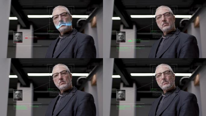 使用面部识别生物识别的人的未来技术。人脸Id。英俊的老人看着相机和高科技探测肖像。3d扫描网络安全保