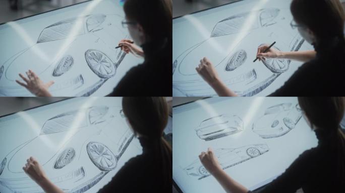 女性汽车设计师使用数字平板电脑用手写笔绘制原型汽车草图。在车辆生产工厂的研发工作室工作的有才华的工业