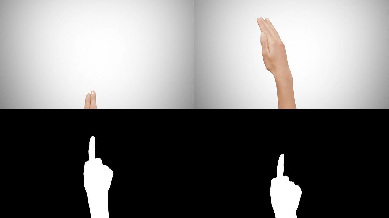 女性手。触摸屏手势。基于4K。亮度哑光。