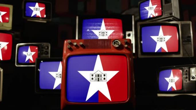 德州圣安东尼奥的旗帜，和古着电视。
