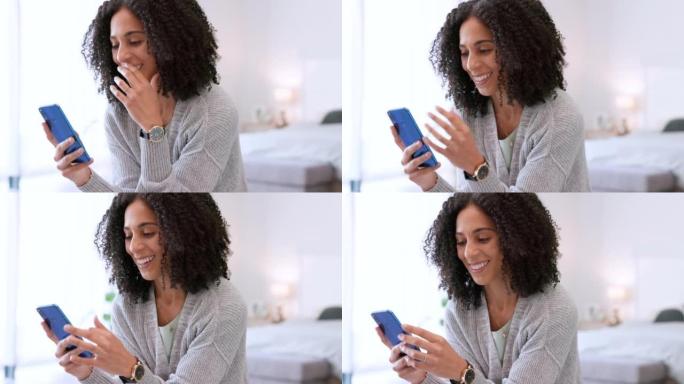 社交媒体，在线约会资料和电话发短信的女人微笑，大笑和放松，以阅读，观看和滚动有趣的模因在家里。移动技
