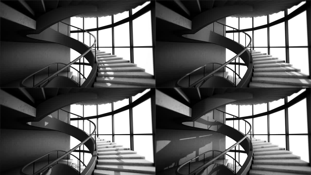 未来派圆形螺旋楼梯，未来派楼梯的3D动画，具有良好的发光和照明效果，抽象背景，未来和技术概念，4k高