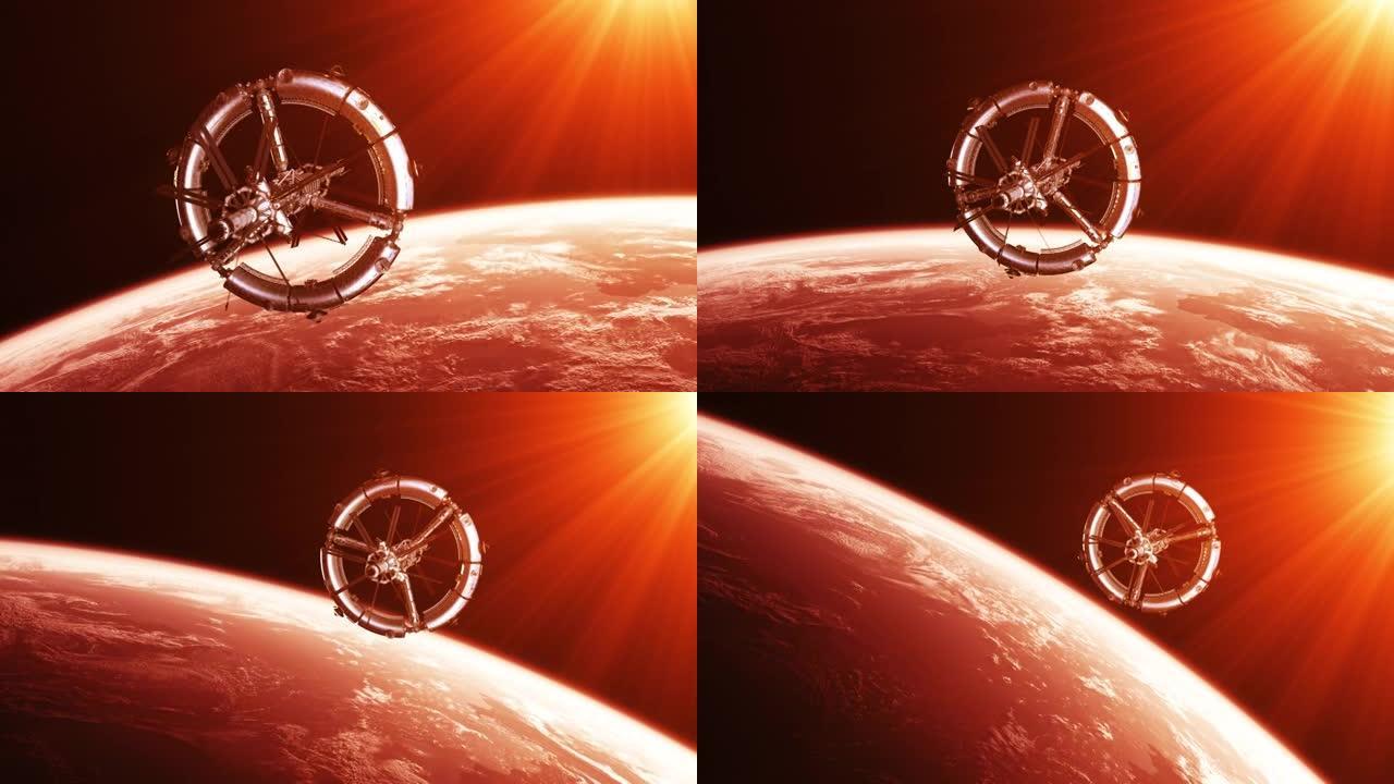 红色太阳光芒中的未来空间站