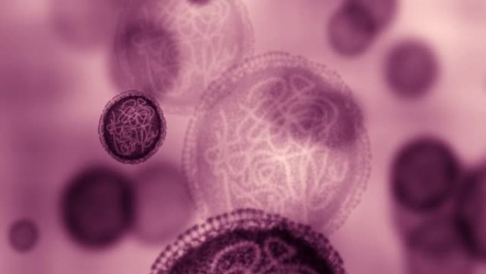 病毒的细菌，分子和dna细胞颗粒在研究医学科学显微镜聚焦。生物技术，癌症和遗传学与hiv分子在rna