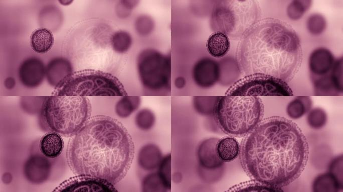 病毒的细菌，分子和dna细胞颗粒在研究医学科学显微镜聚焦。生物技术，癌症和遗传学与hiv分子在rna