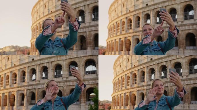 SLO MO女游客使用智能手机在罗马的罗马斗兽场自拍