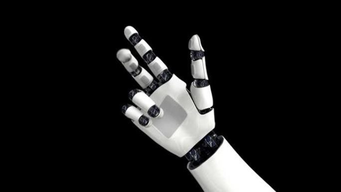 机器人的手握紧拳头。人工智能。摄像机飞来飞去。在黑色背景上。4K. 3D动画。