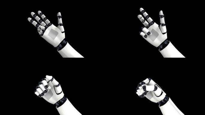机器人的手握紧拳头。人工智能。摄像机飞来飞去。在黑色背景上。4K. 3D动画。